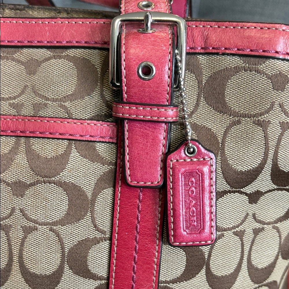 Coach Brown Signature Canvas Tote with Pink Trim - Picture 8 of 15